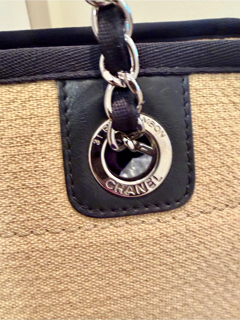 CHANEL small Beige Canvas Logo Tote with Black Trim and Chain Straps - Picture 3 of 16